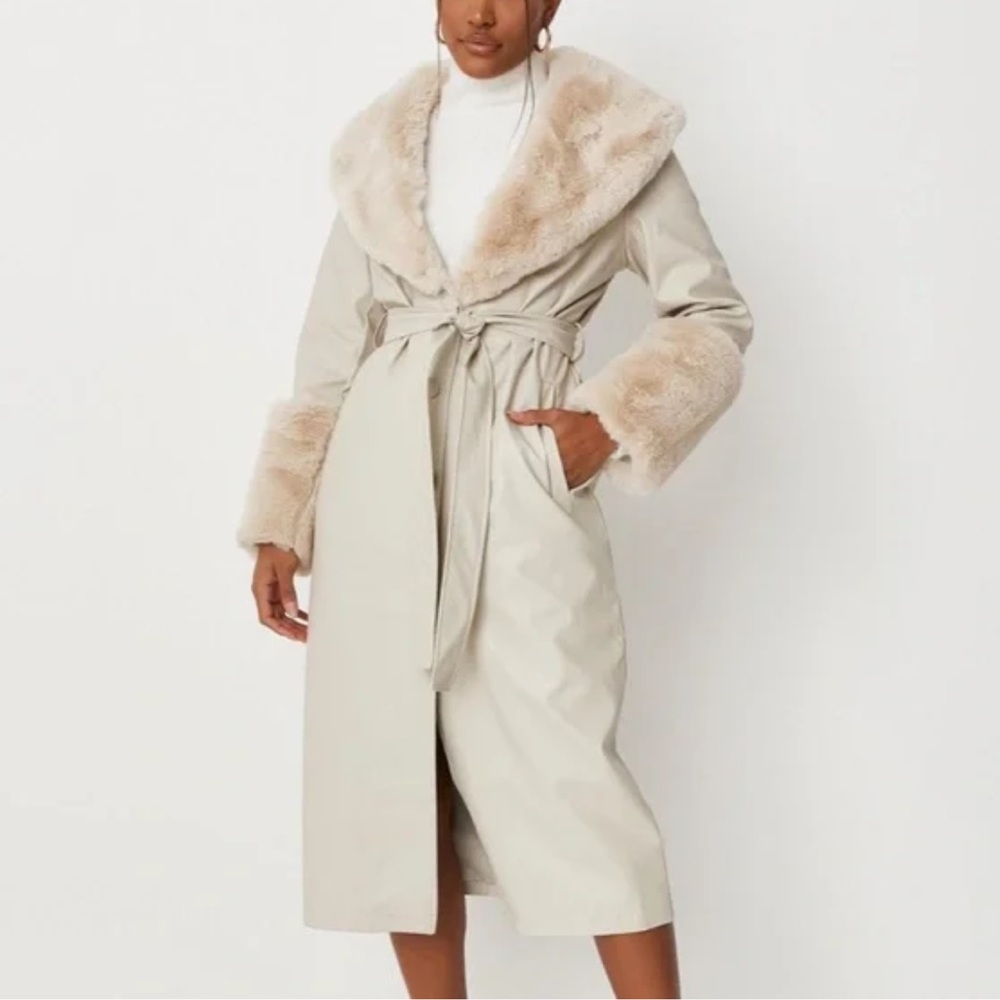 NEW Missguided Carli Bybel Cream Leather Fur Cuff Trench Coat